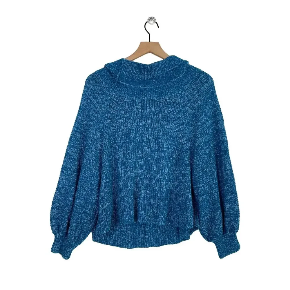 Free People Edessa‎ Off the Shoulder Blue Pullover Balloon Sleeve Knit Sweater M